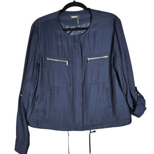 DKNY Jacket Womens Small Navy Versatile Roll Tab Zip Front Beach Casual Minimal